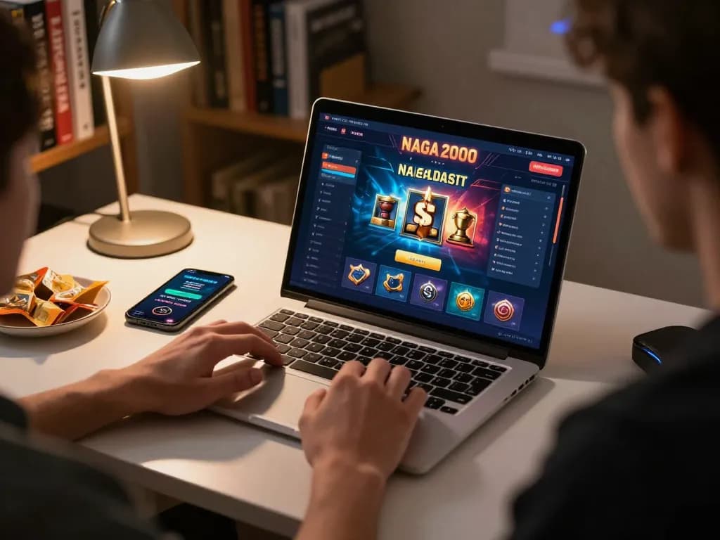 NAGA2000 SLOT online game displayed on laptop, highlighting focused gameplay experience.