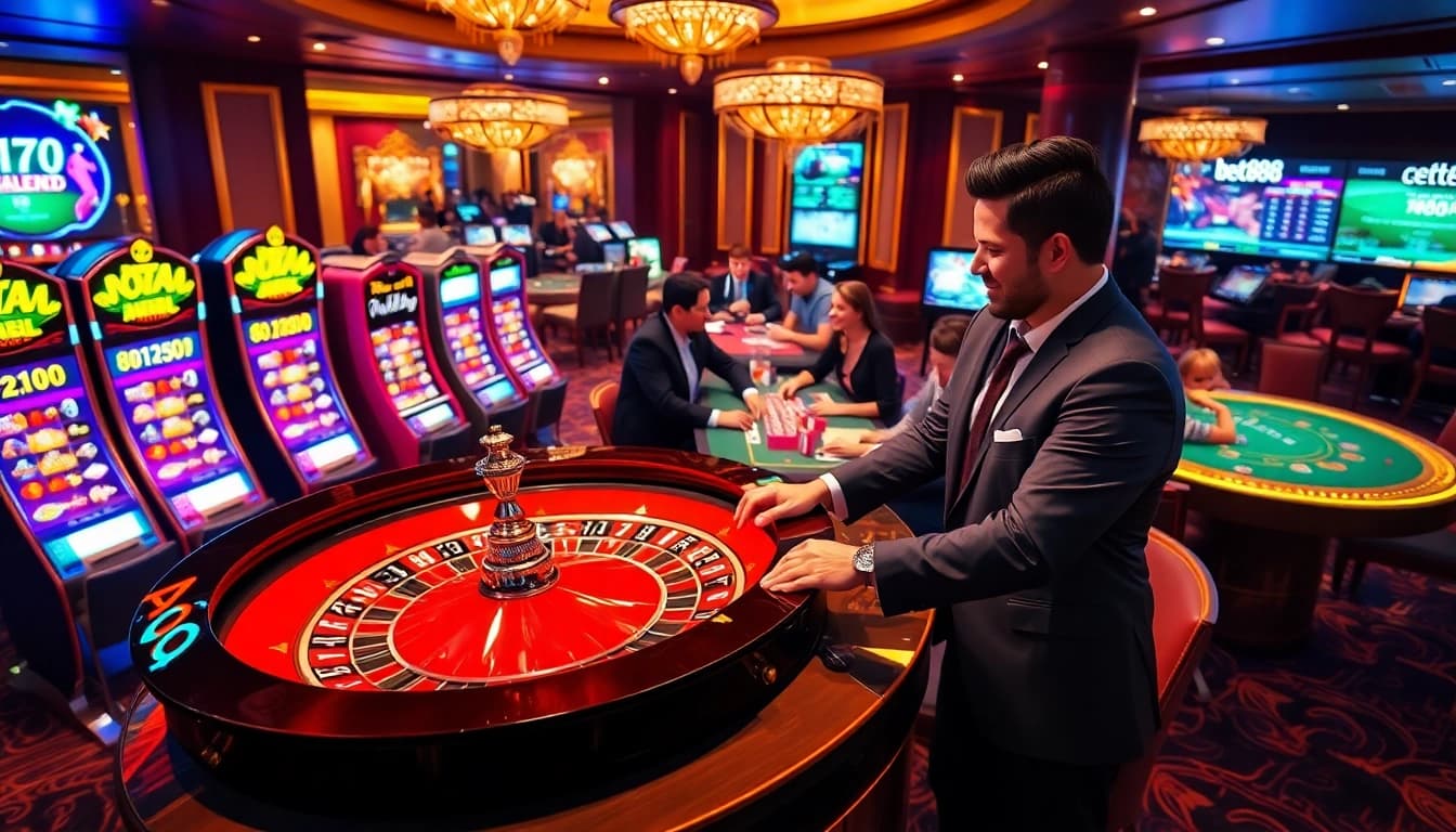 Experience the excitement of bet888 with players at a luxury casino table amidst vibrant slot machines.