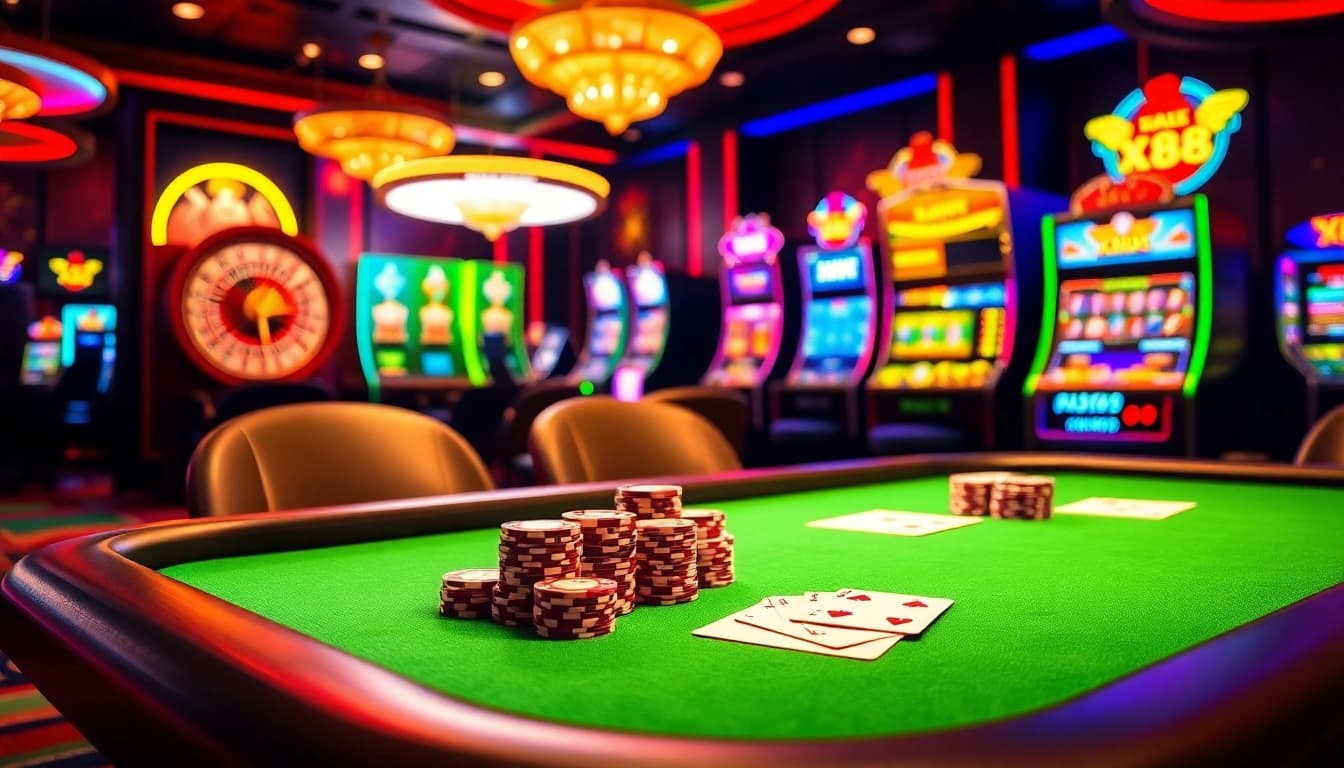 Players enjoying poker at X88 casino with colorful chips and high-stakes excitement.