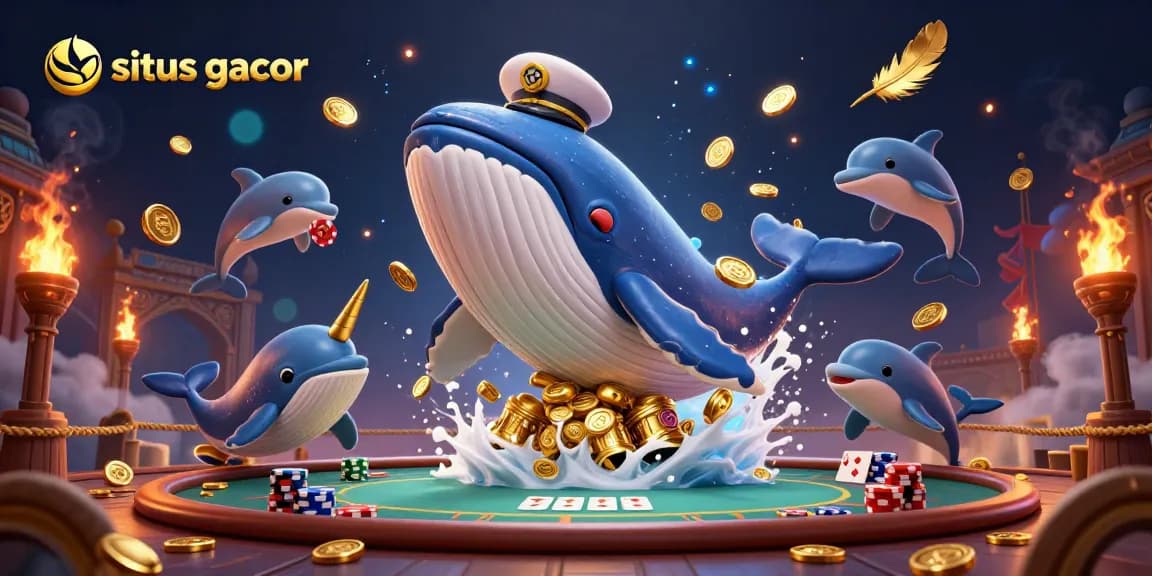 Experience situs gacor with a lively casino scene featuring a whale and playful dolphins.