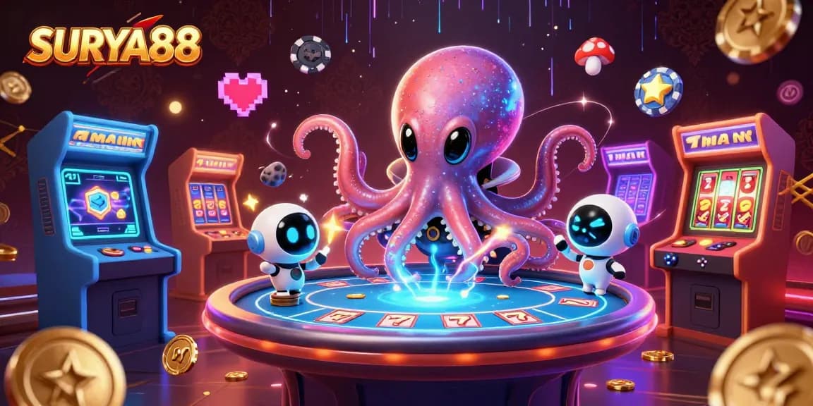SURYA88's thrilling alien-themed poker scene showcases an octopus dealer and vibrant game elements.