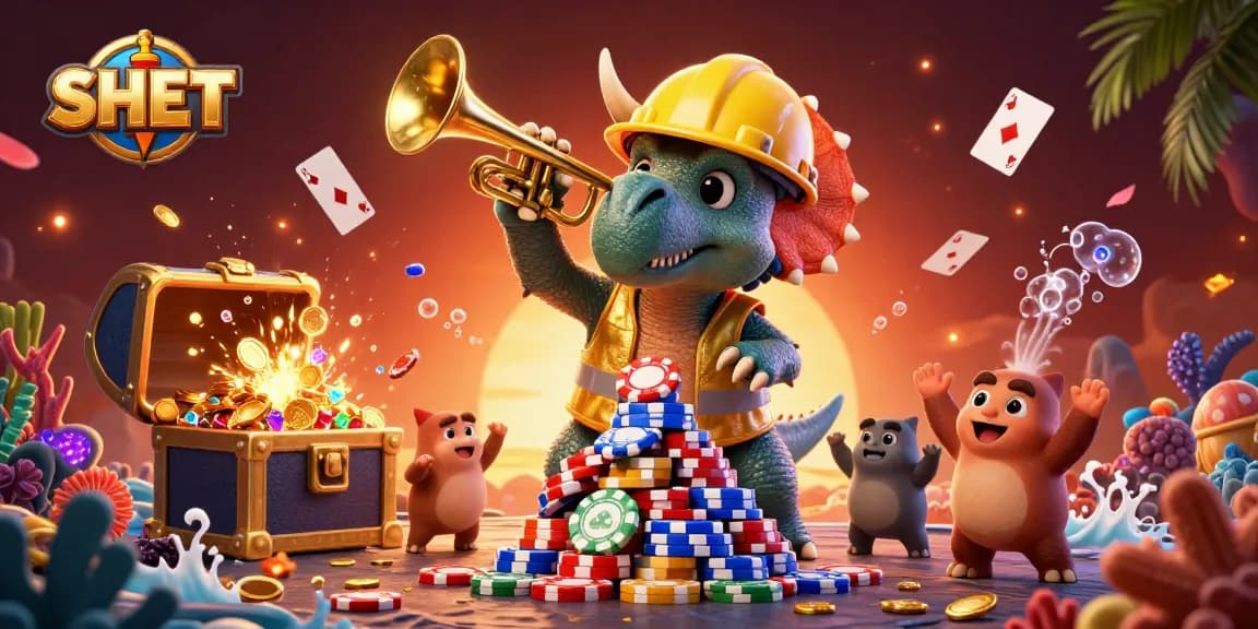 Engage with Sh Bet through a colorful casino adventure featuring triceratops building poker chips surrounded by gems.