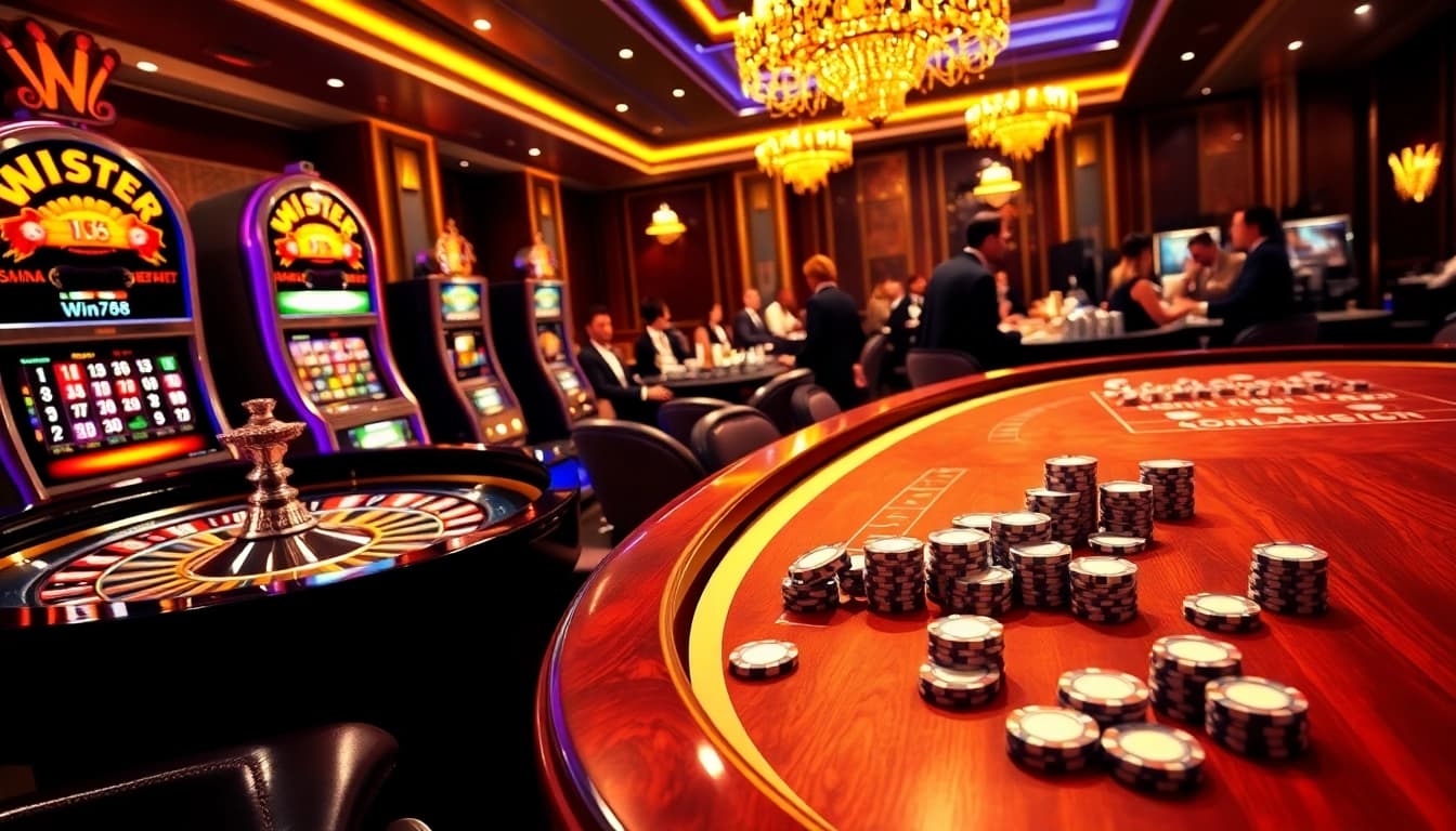 Experience vibrant gaming at win678's luxurious casino tables featuring roulette and slots.