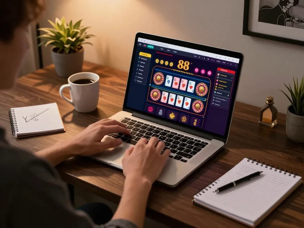 Engaged player exploring the open 88 online casino with a laptop and gaming strategy notes.