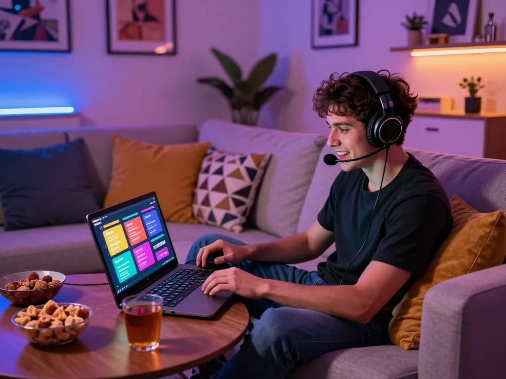 Engaged player enjoying a sex game on a laptop in a cozy living room.