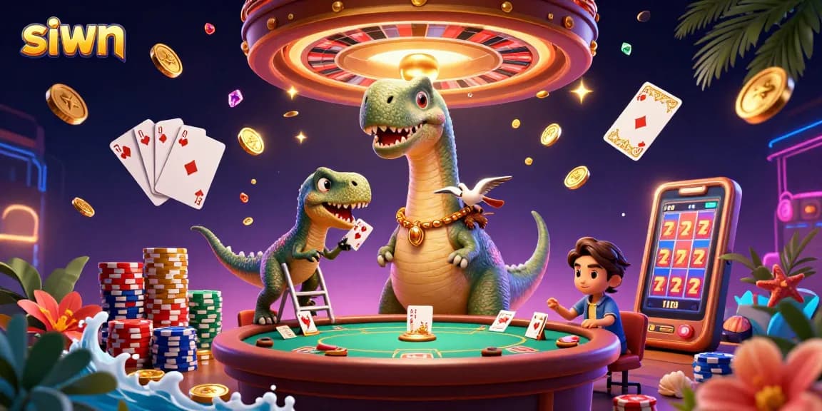 Engage in thrilling gaming at SIWN with 3D cartoon dinosaurs in a vibrant casino scene.