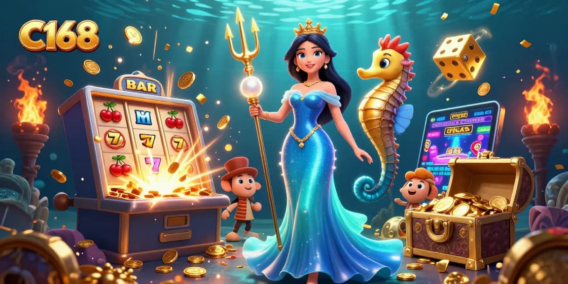 C168 players winning big with a stunning underwater casino themed scene featuring a beautiful woman and a seahorse king.