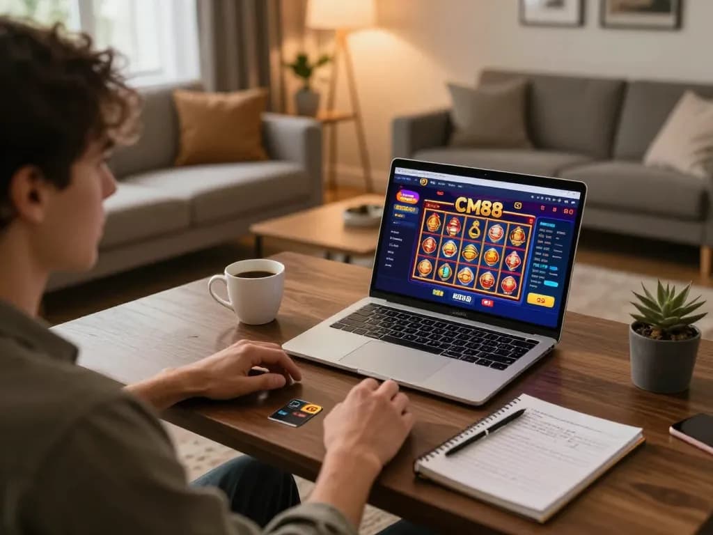 Player using CM88 online casino platform on laptop, enjoying a strategic gaming session at home.