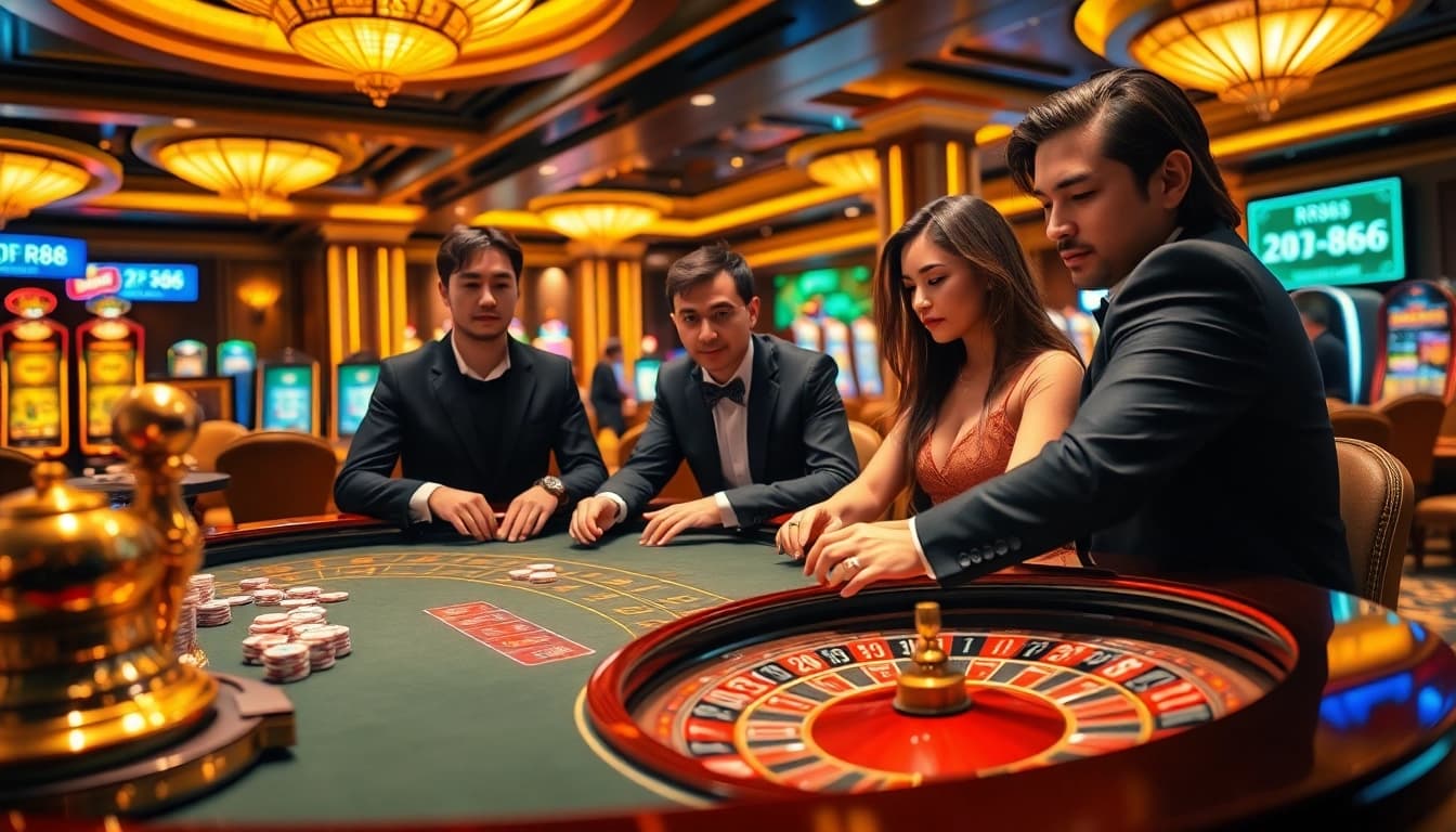 Experience high-stakes excitement with RR88 at a luxurious casino table featuring poker chips.