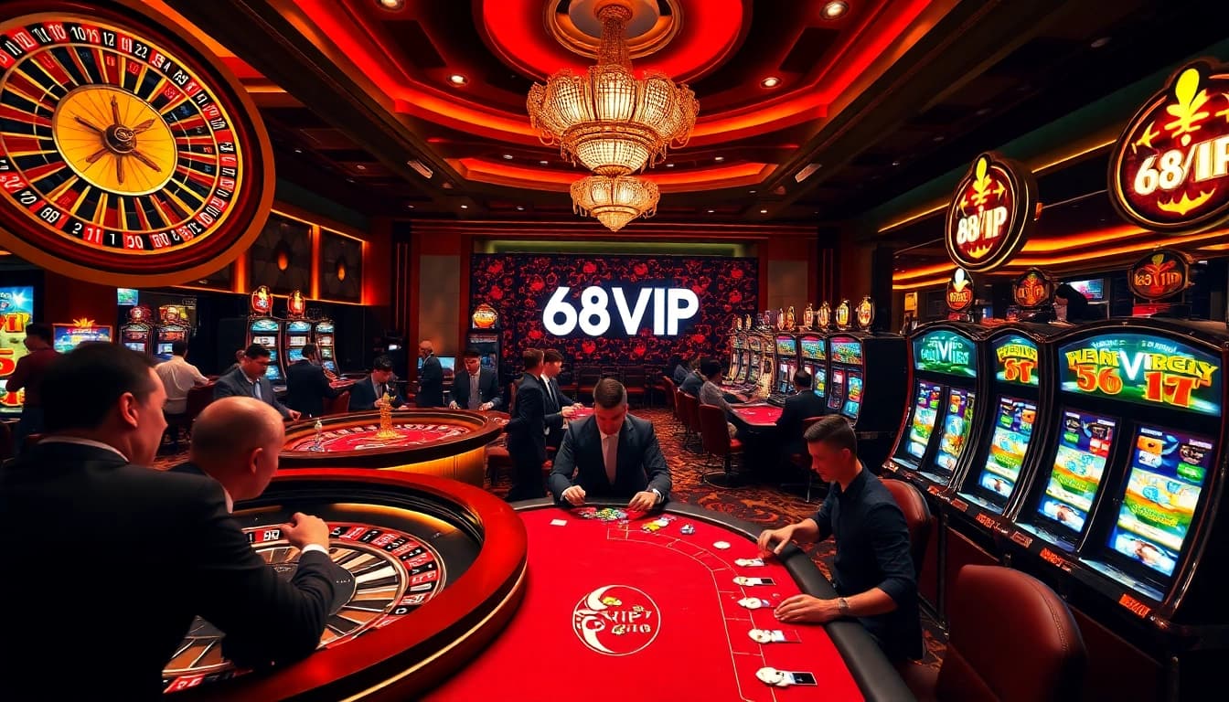 Experience excitement at 68VIP with lively casino tables and glamorous players enjoying their games.