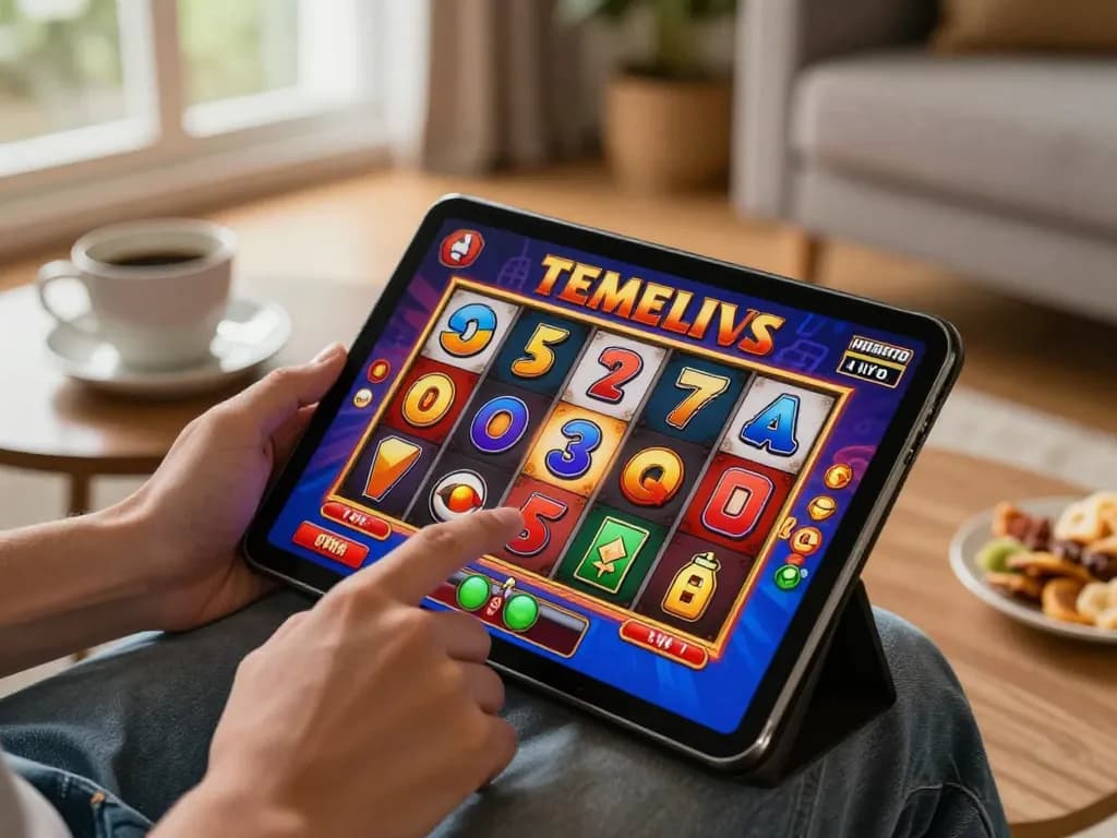 Engaging in a slot online game on a tablet with vibrant symbols, cozy home environment.