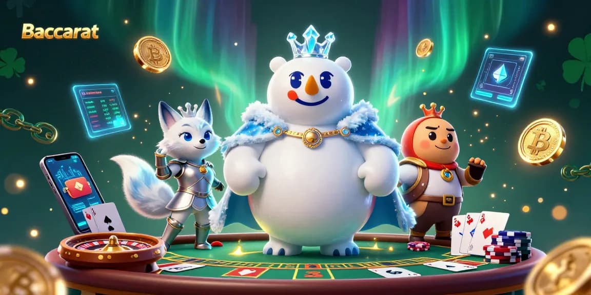 Baccarat table scene featuring a cartoon polar bear king and a silver-armored fox, surrounded by casino elements.