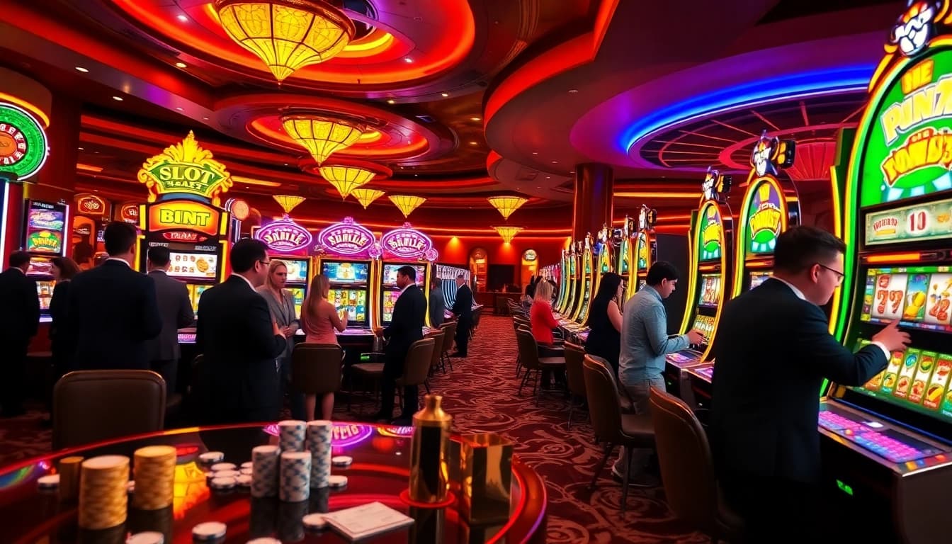 Excited players engaging with "slot api raja 88" themed slot machines in a luxury casino.
