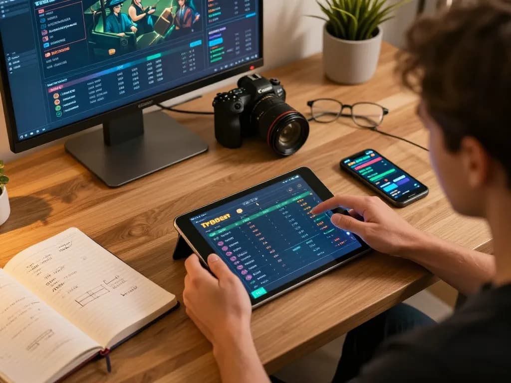Engaging with tr88 bet on a tablet while analyzing betting strategies in a cozy home office.