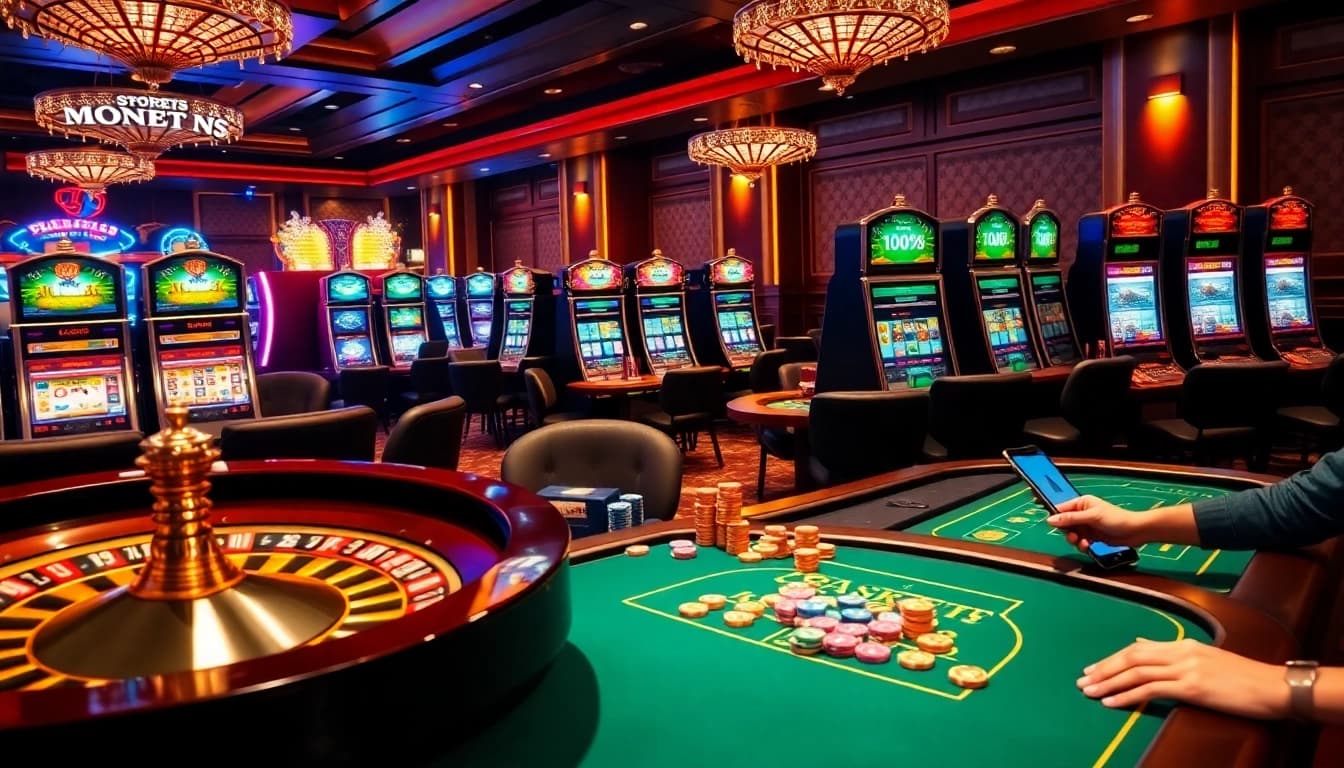 Exciting gambling scene with LC88 elements, showcasing a roulette wheel and card games.