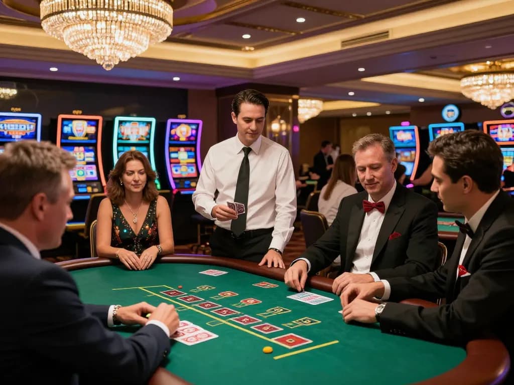 Players strategizing at a blackjack table in a luxurious casino atmosphere at rikvip.