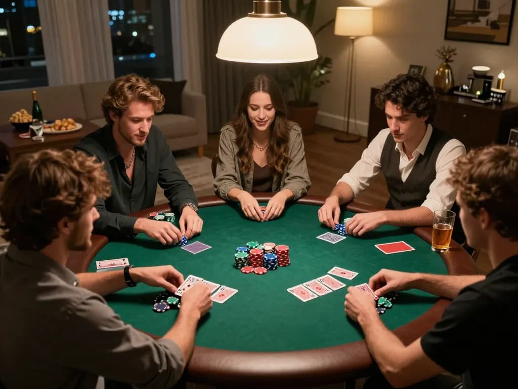 Engaging friends in intense poker gameplay at home showcases strategic fun with 388bet.