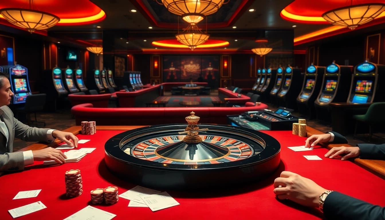 Experience the thrill of hay88 with players enjoying an elegant casino scene featuring roulette and poker.