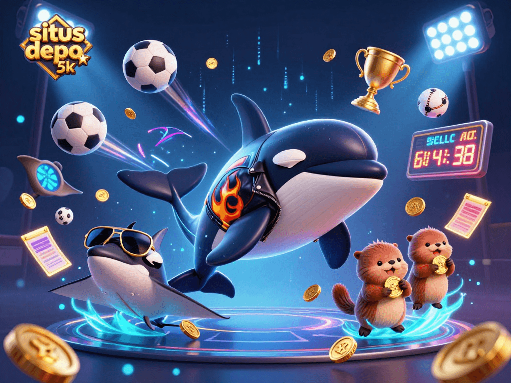 Win big with situs depo 5k in this vibrant casino scene featuring an orca and playful sea otters.