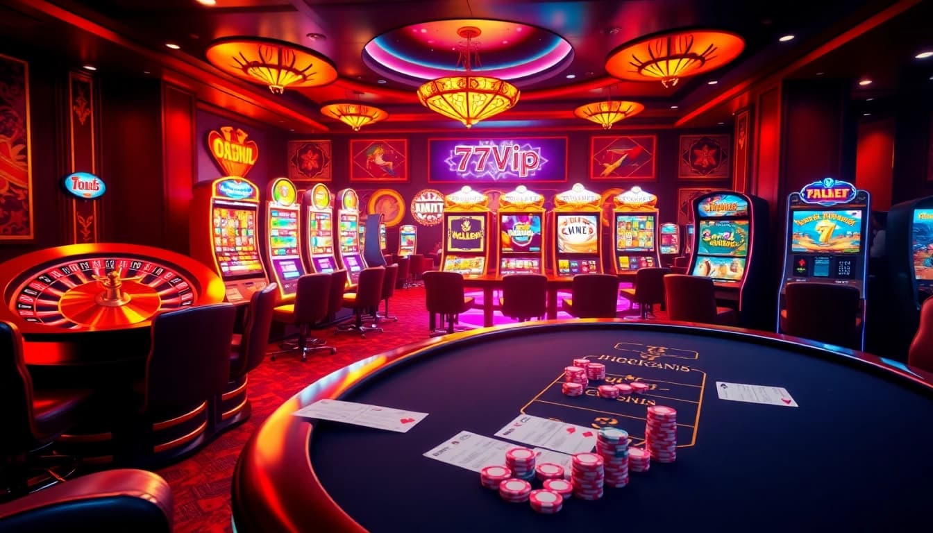 Experience thrilling online gambling at https://777vip.tech/ with luxurious casino visuals showing poker chips and slot machines.