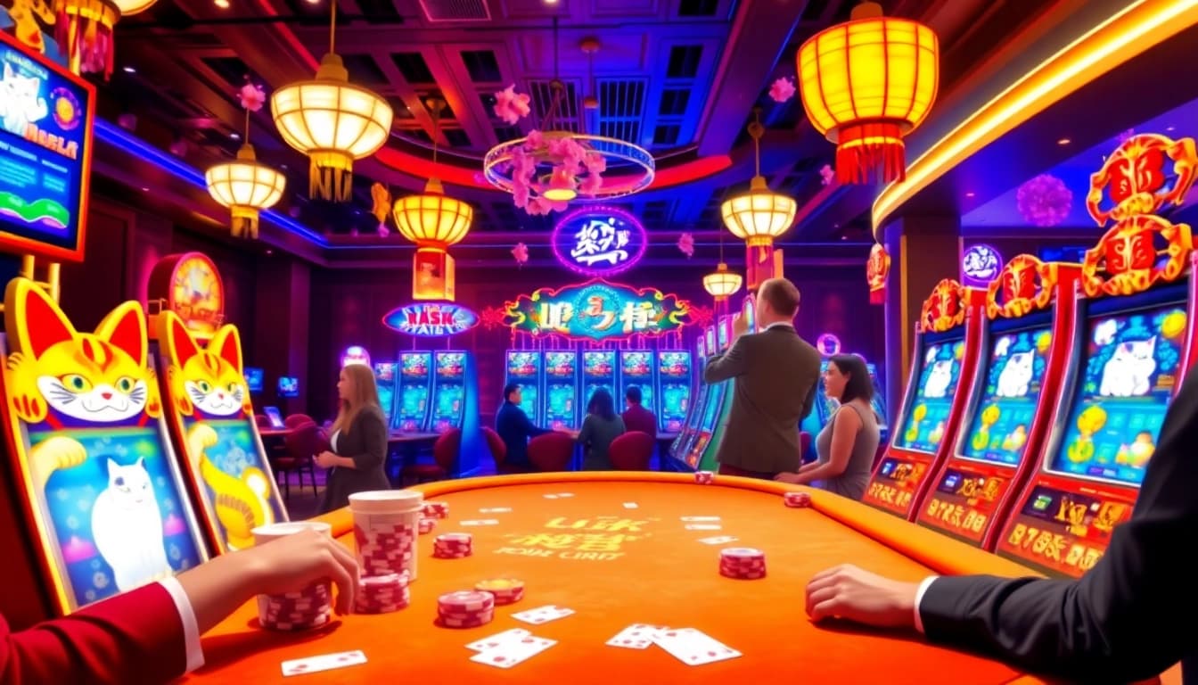 Engage with the Lucky Neko PG SLOT in an exciting casino environment showcasing vibrant slot machines and joyful players.