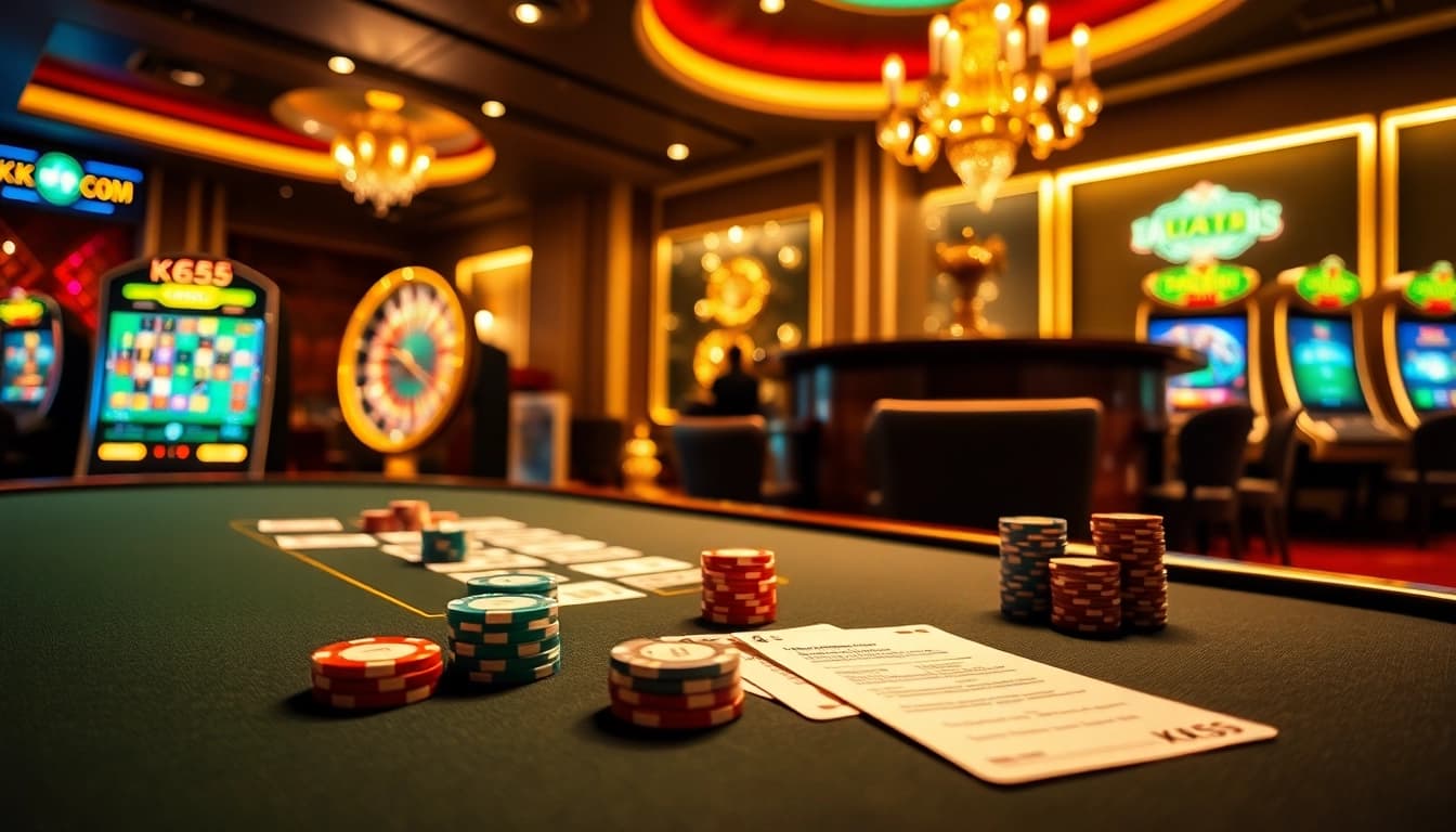 Experience the excitement of gambling at KK55.com with a vibrant poker table and roulette wheel.