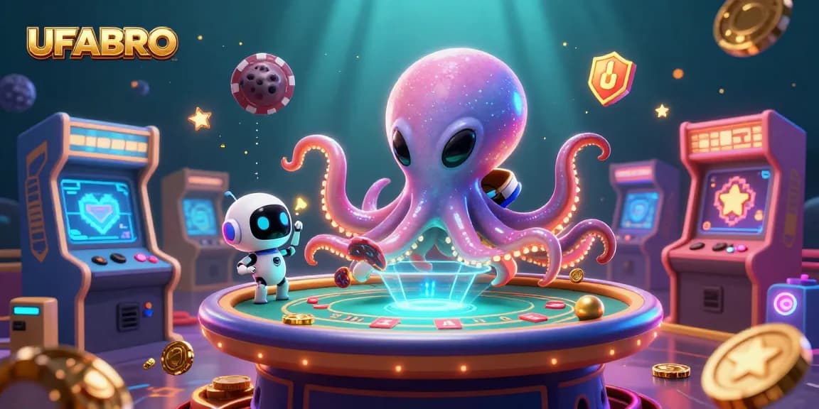 UFABRO participants enjoy poker with an alien octopus and robot in a vibrant gaming scene.