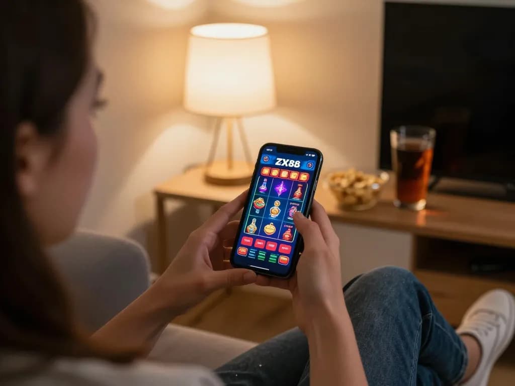 Player engaging with the ZX88 app on their smartphone in a cozy home setting, showcasing online gambling excitement.