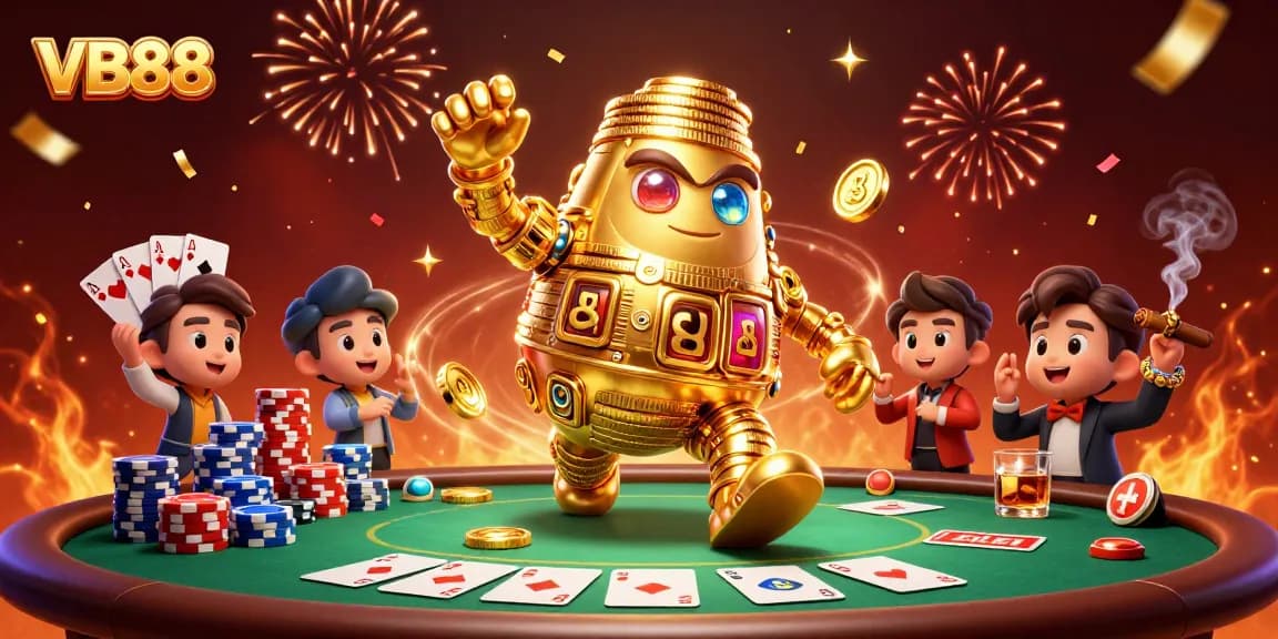 Engage with thrilling VB88 gaming action featuring a dynamic gold golem, poker elements, and excitement.