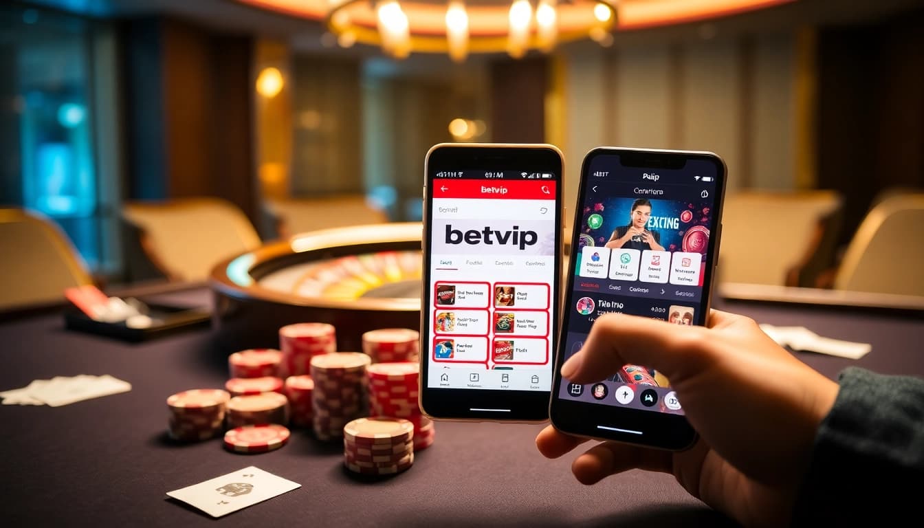 Người chơi tham gia cược bằng ứng dụng betvip trên điện thoại thông minh ở một casino sang trọng.