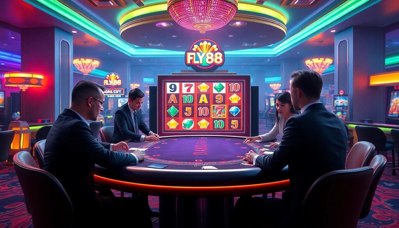 High-energy gambling scene featuring FLY88-themed slot machine and blackjack table