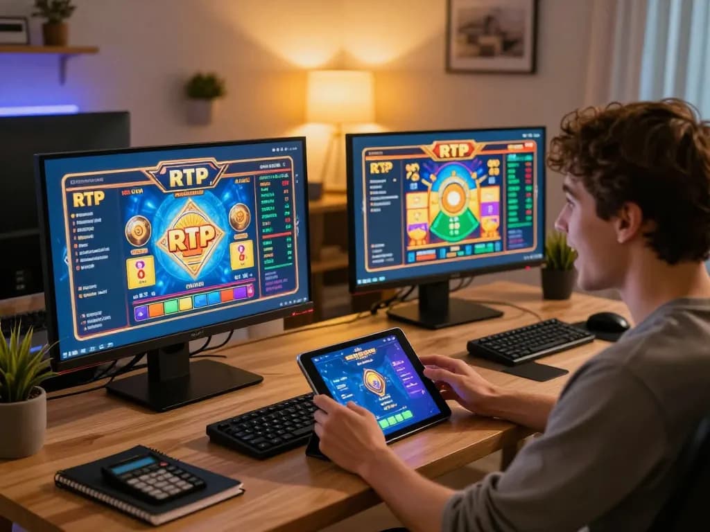 Playing gacor slots on multiple screens in a cozy home gaming area with rich colors and strategic elements.