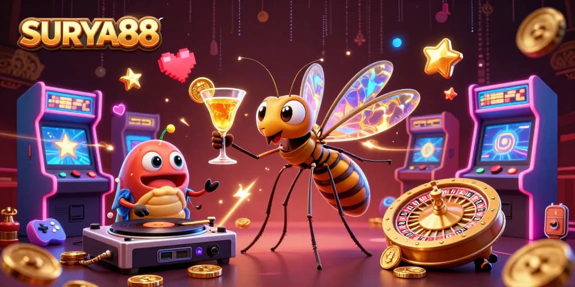 SURYA88 brings excitement to life with a vibrant casino-themed 3D illustration featuring dynamic characters and game elements.