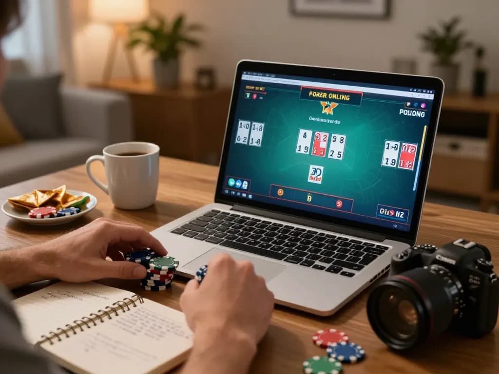 Engaging game of Poker Online Domino QQ displayed on laptop in a cozy home setting, depicting strategic betting.