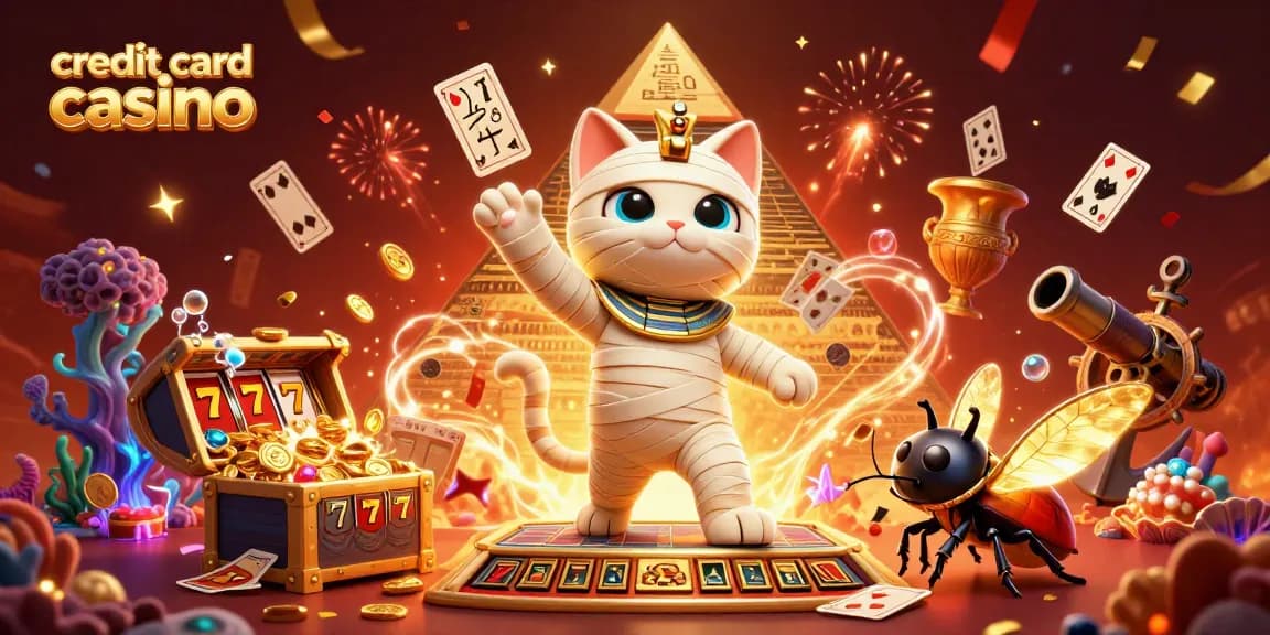 Experience the excitement of a credit card casino with animated characters amid vibrant casino elements.
