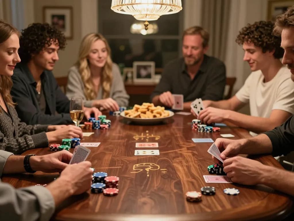 Engaged players enjoying poker night at home, showcasing the excitement of the luckyindex gaming experience.