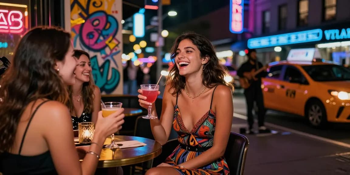 Gái gọi tận hưởng đêm sôi động tại quán bar với ánh đèn neon và tiếng nhạc.