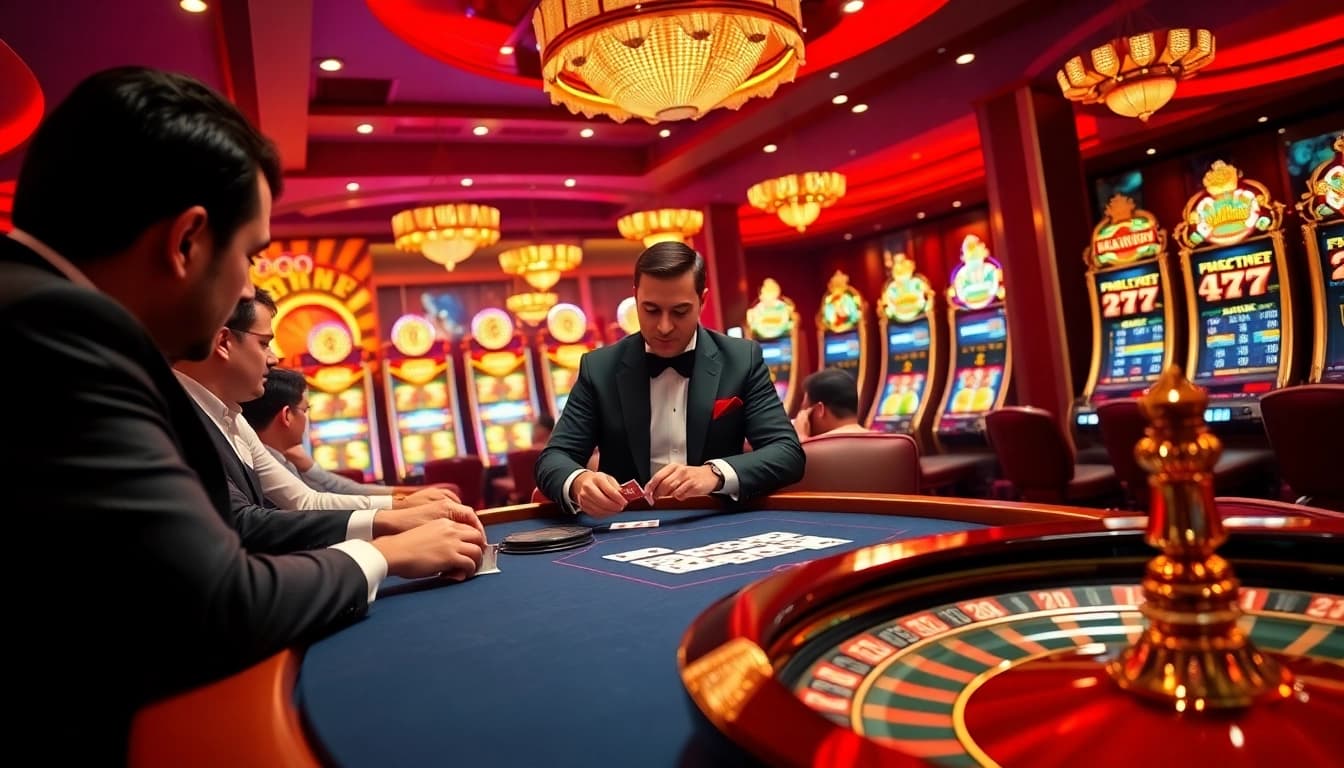 Experience the thrilling atmosphere of Ev88 with a luxurious poker game and vibrant slot machines.