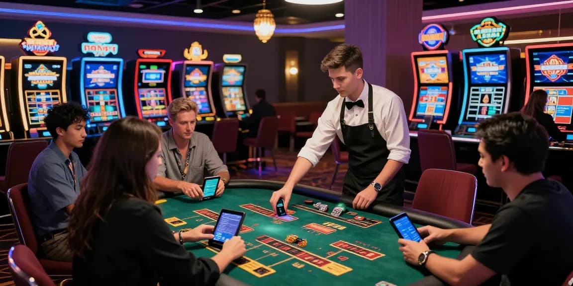 Players engaging at a credit card casino table with vibrant atmosphere and diverse games.
