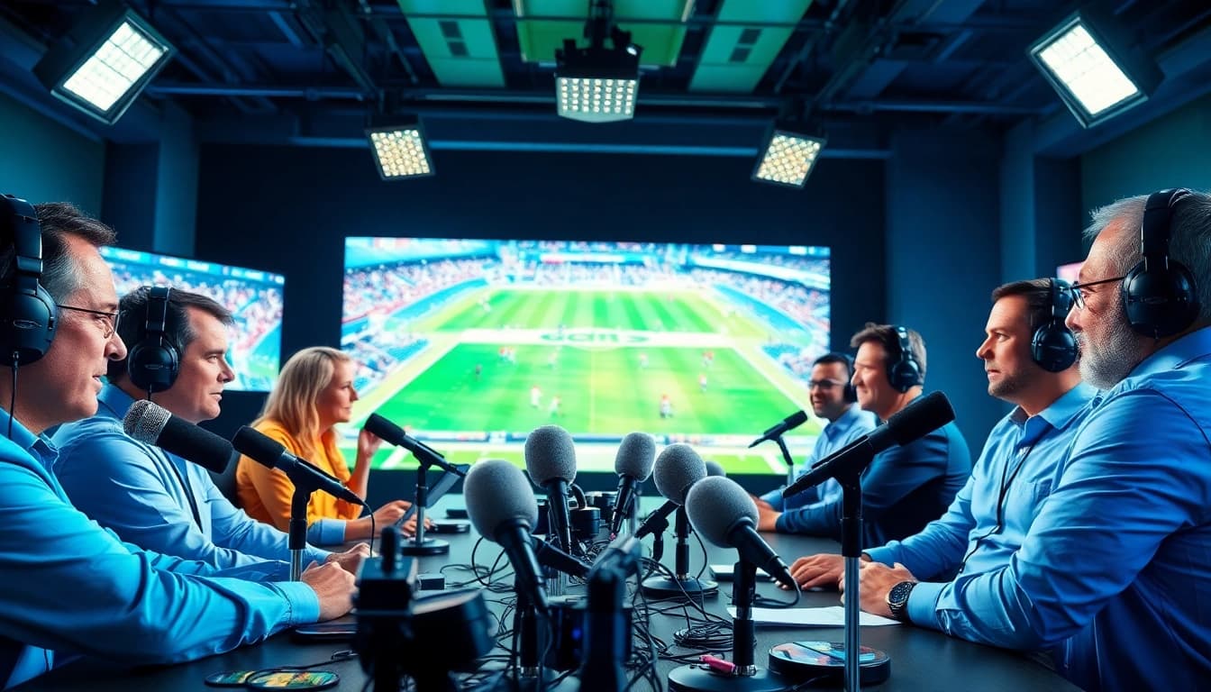 Engaged commentators in sports broadcasting studio discussing live sports events.