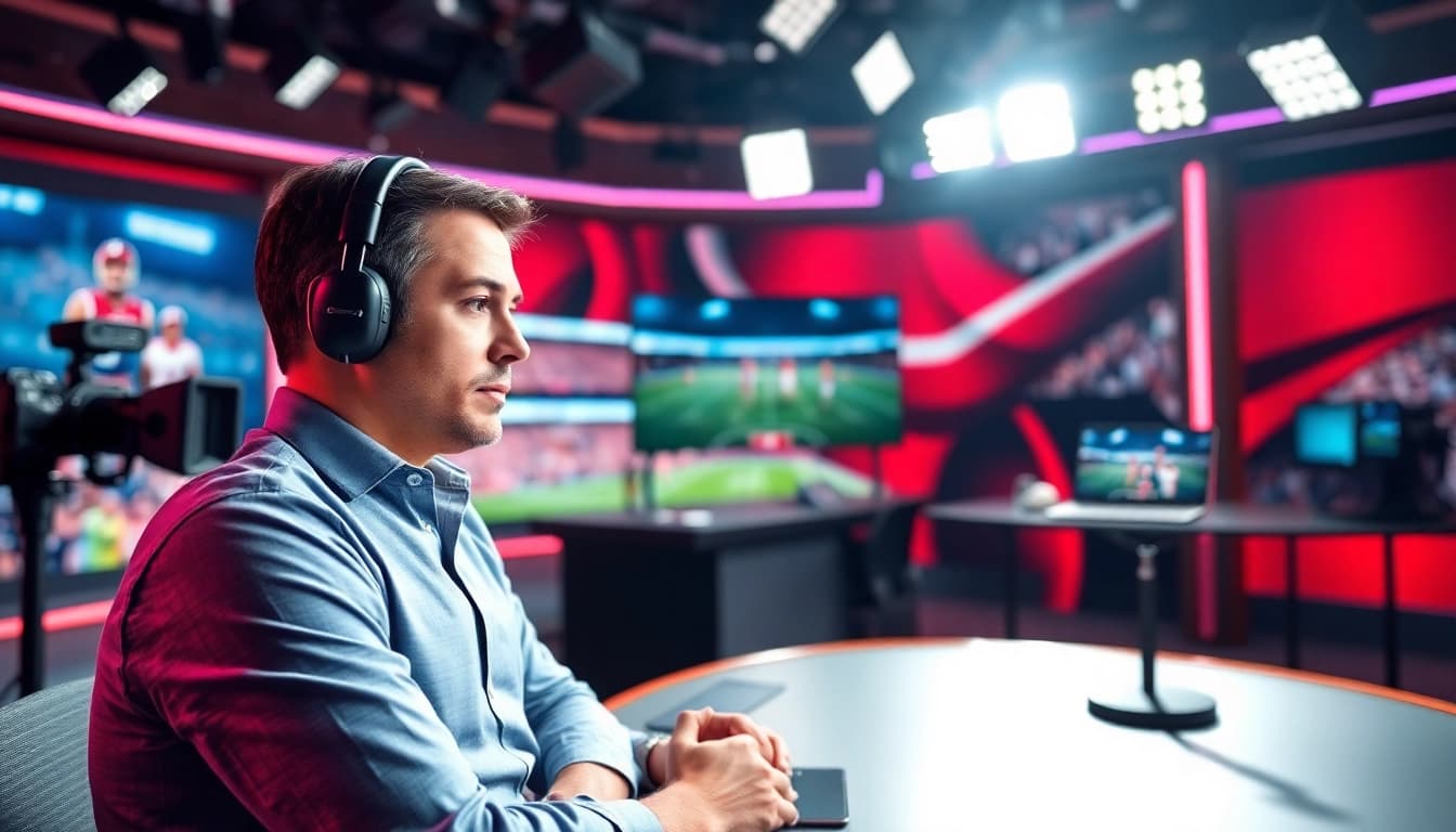 Sports Broadcasting live analysis in a modern studio setting with vibrant colors and professional atmosphere.