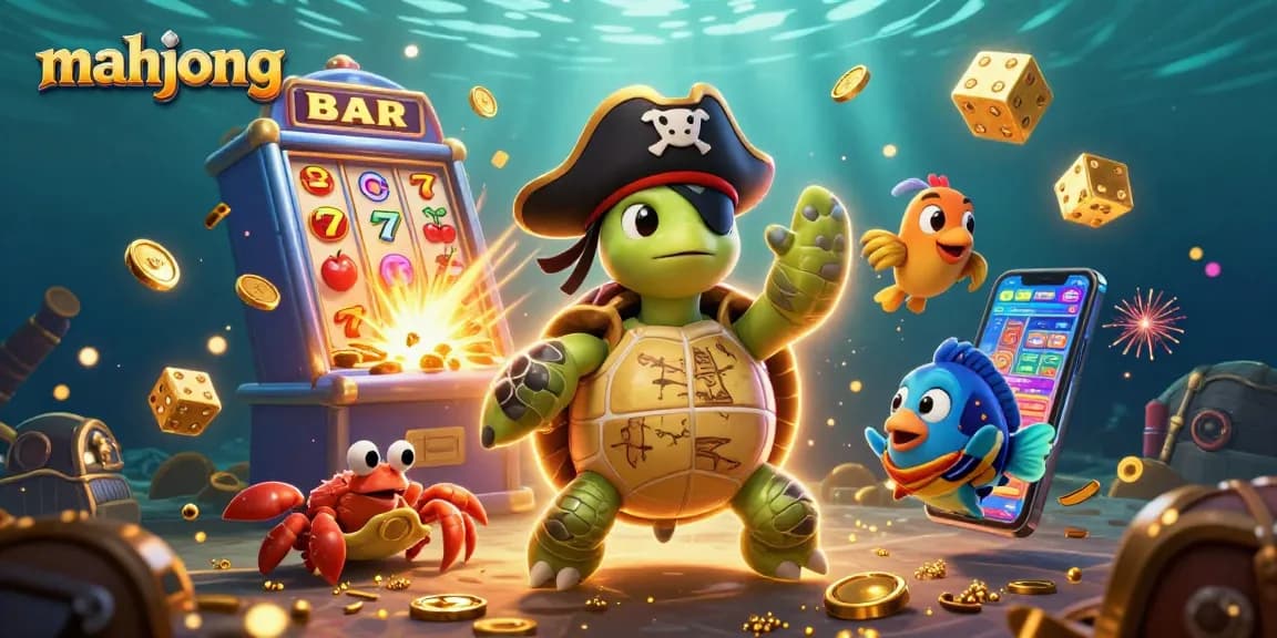 Play mahjong and win big with this vibrant scene of casino excitement featuring joyful underwater characters.