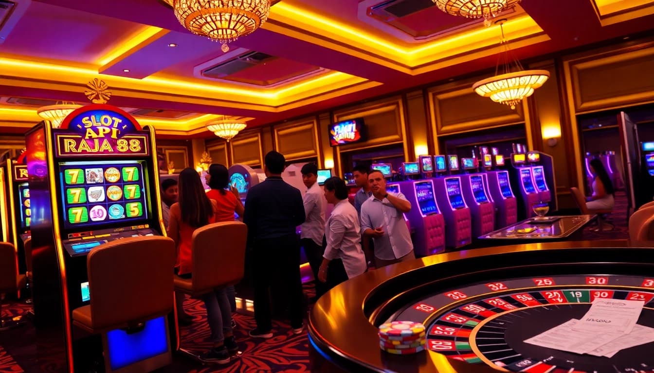 Experience the thrill of slot API Raja 88 at an elegant casino, with vibrant machines and excited players.