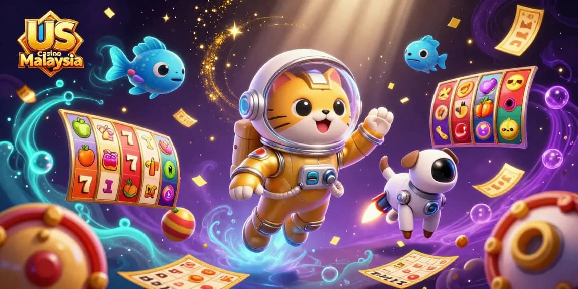 Experience thrilling gameplay at Us Casino Malaysia with energetic characters in a vibrant casino scene.