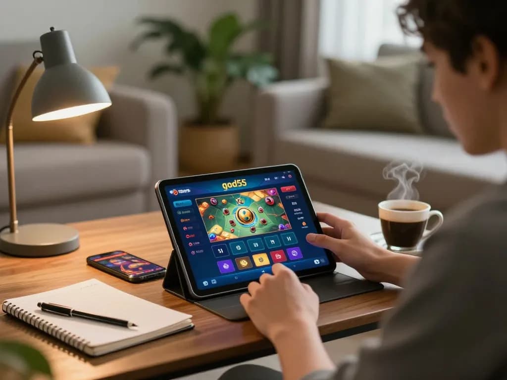 Player enjoying god55 mobile casino app in a cozy living room, focused on strategic gaming.