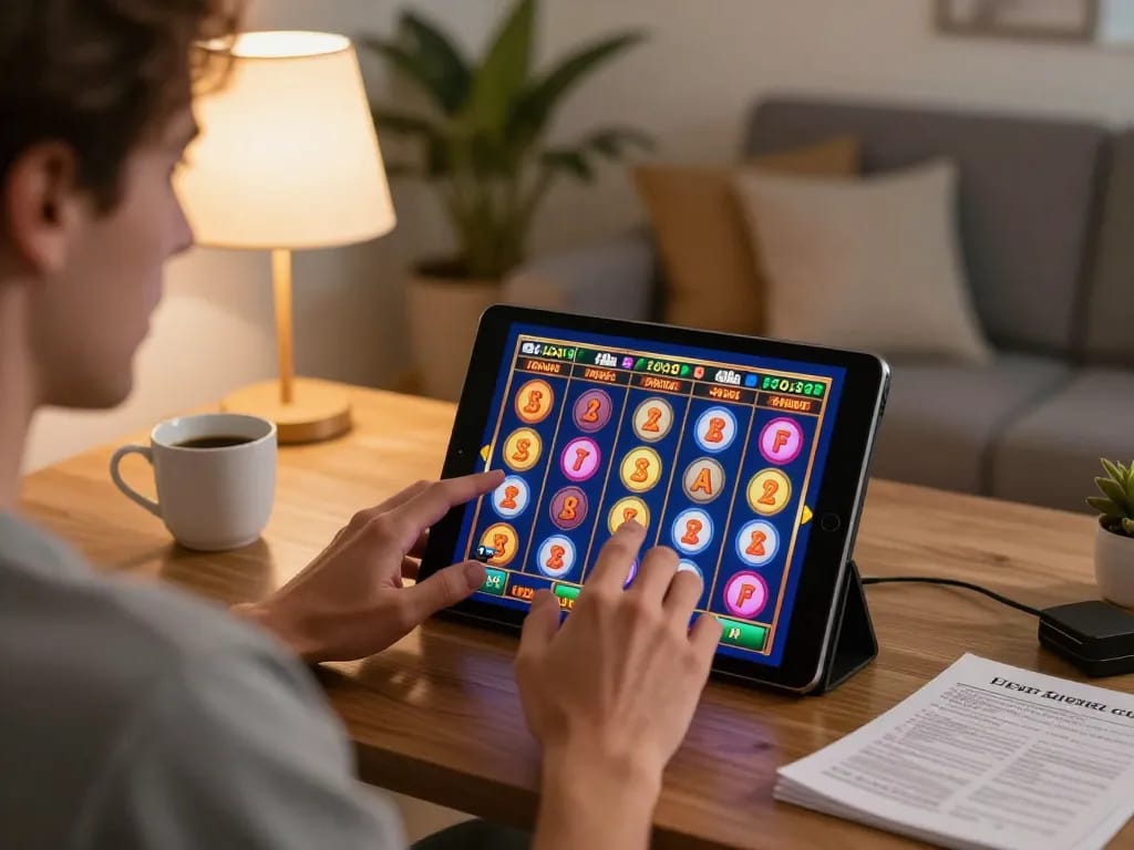 Pemain terlibat dengan permainan slot berwarna-warni di tablet selama sesi bermain santai di rumah