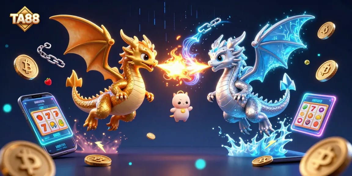 TA88 features twin cartoon dragons amidst vibrant casino elements, symbolizing dynamic gameplay excitement.