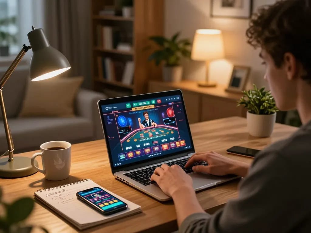 Experience online gaming at open 88 in a cozy living room setting with strategic notes and a laptop.