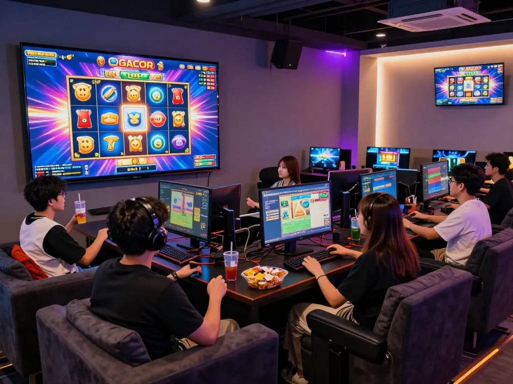 Players enjoying a thrilling slot gacor game experience in a modern gaming lounge with vibrant graphics and lively atmosphere.