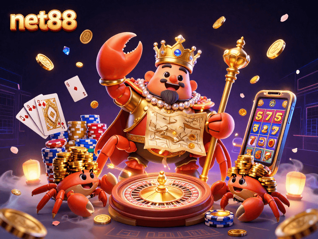 Experience net88's vibrant casino scene featuring a golden crab emperor amidst dazzling gaming elements.